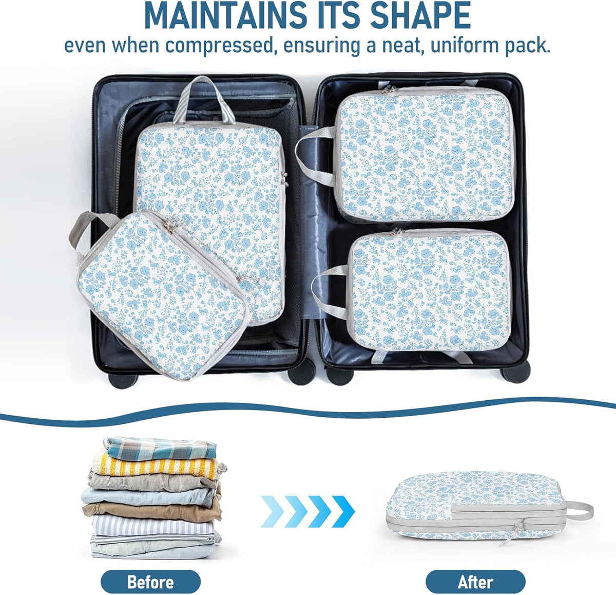 6 Set Compression Packing Cubes, Suitcase Organizer, Lightweight Travel Essentials, Compression Bags For Travel Accessories Luggage Storage Set (6Pcs, Blue)