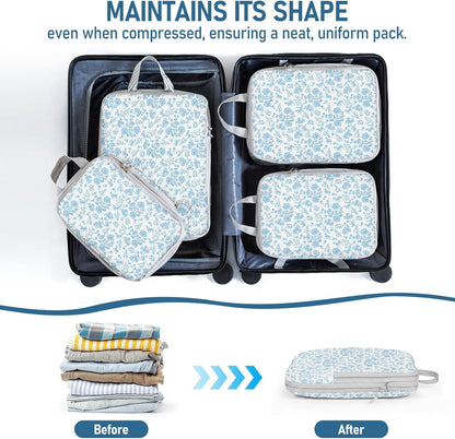 6 Set Compression Packing Cubes, Suitcase Organizer, Lightweight Travel Essentials, Compression Bags For Travel Accessories Luggage Storage Set (6Pcs, Blue)