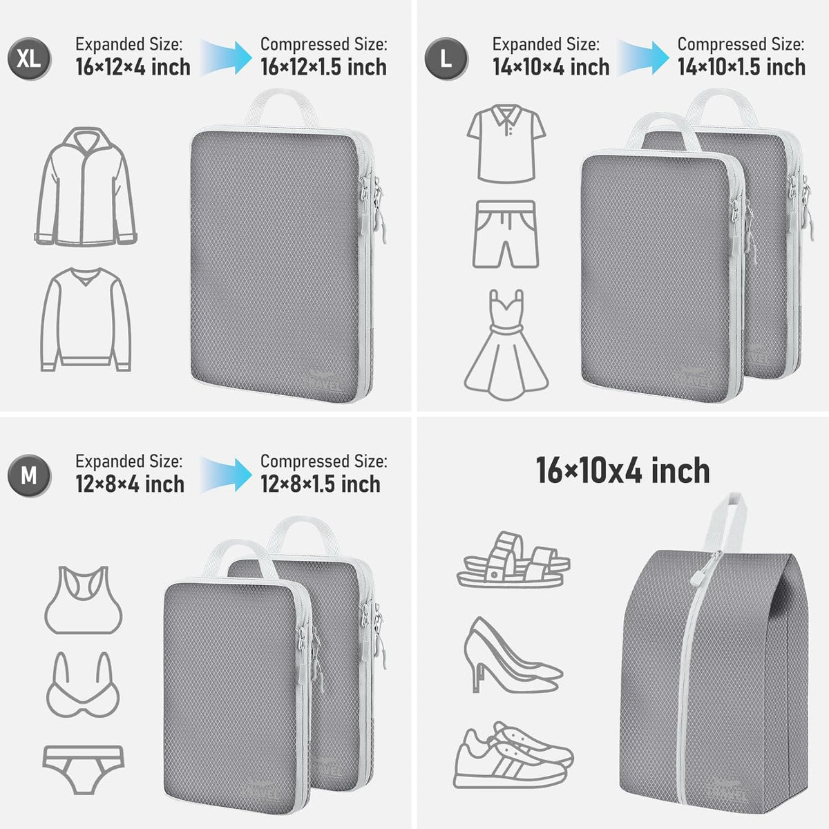 6 Set Compression Packing Cubes, Suitcase Organizer, Lightweight Travel Essentials, Compression Bags For Travel Accessories Luggage Storage Set (6Pcs, Blue)