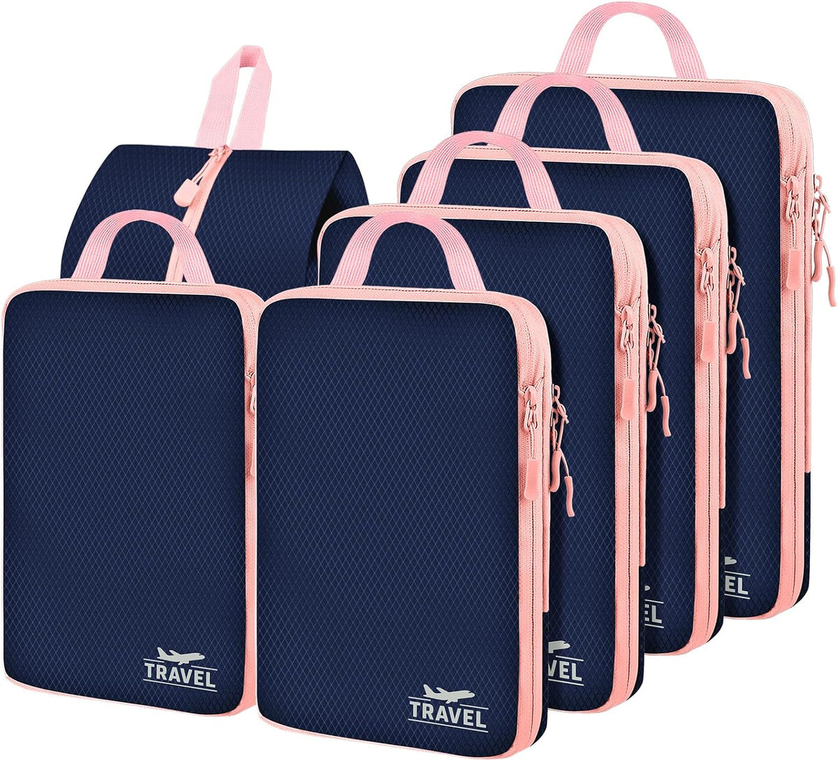 6 Set Compression Packing Cubes, Suitcase Organizer, Lightweight Travel Essentials, Compression Bags For Travel Accessories Luggage Storage Set (6Pcs, Blue)