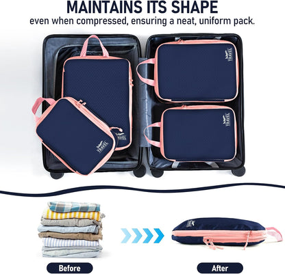 6 Set Compression Packing Cubes, Suitcase Organizer, Lightweight Travel Essentials, Compression Bags For Travel Accessories Luggage Storage Set (6Pcs, Blue)