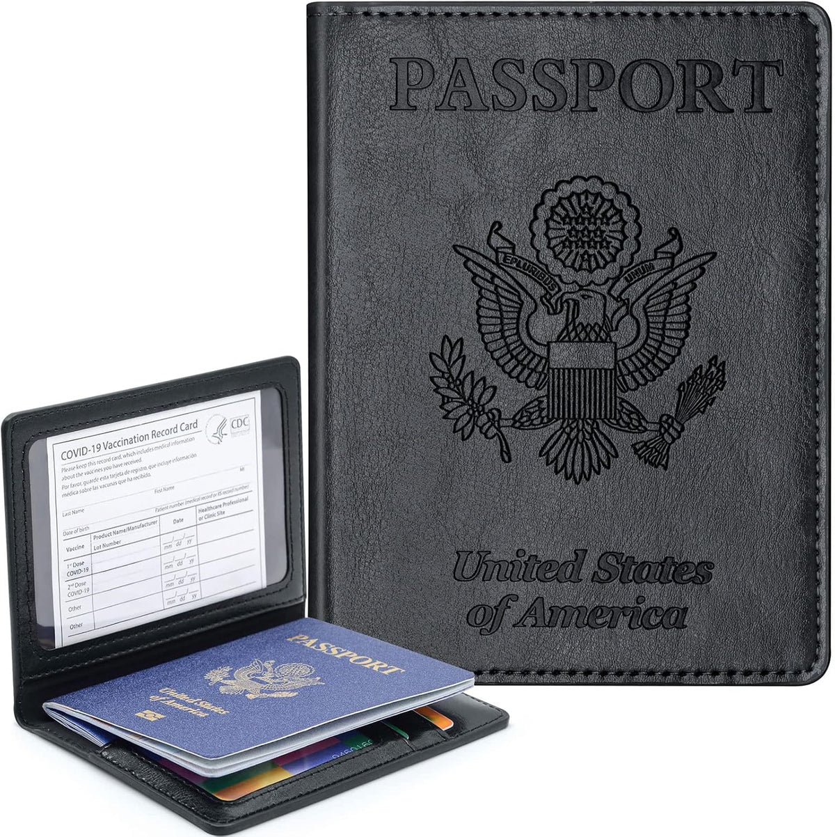 Passport Holder Cover Wallet Case RFID Blocking Leather Card Slot Travel Accessories Documents Organizer Protector for Women Men, Navy Blue