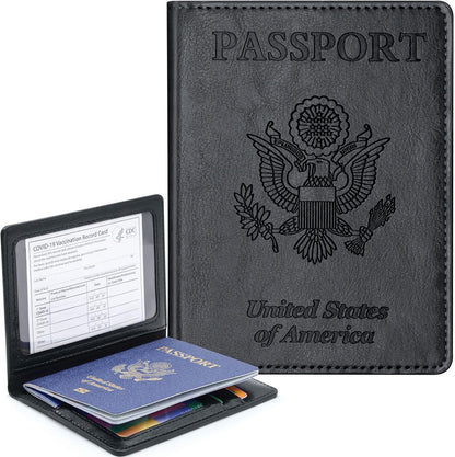 Passport Holder Cover Wallet Case RFID Blocking Leather Card Slot Travel Accessories Documents Organizer Protector for Women Men, Navy Blue