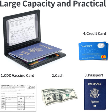 Passport Holder Cover Wallet Case RFID Blocking Leather Card Slot Travel Accessories Documents Organizer Protector for Women Men, Navy Blue
