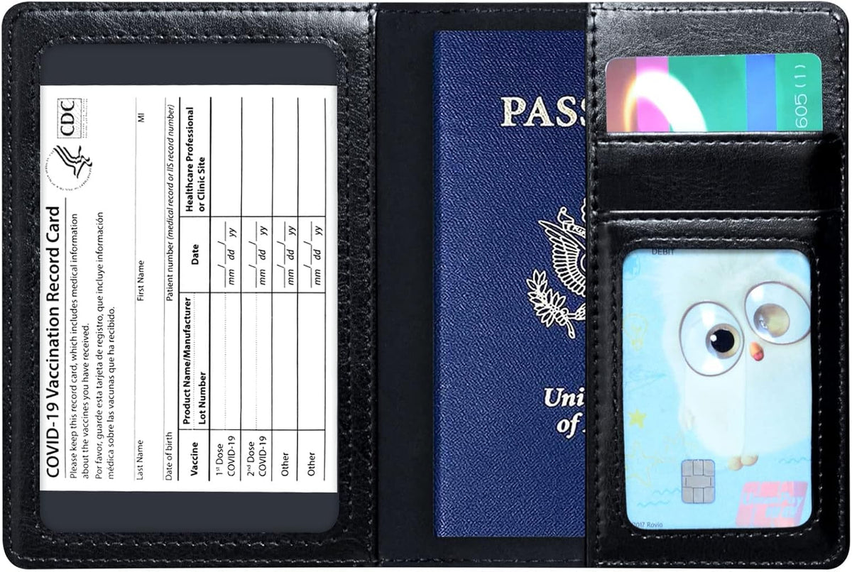 Passport Holder Cover Wallet Case RFID Blocking Leather Card Slot Travel Accessories Documents Organizer Protector for Women Men, Navy Blue