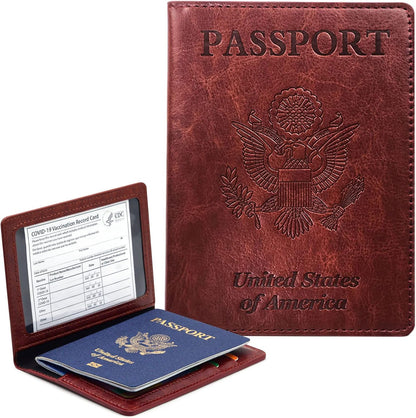 Passport Holder Cover Wallet Case RFID Blocking Leather Card Slot Travel Accessories Documents Organizer Protector for Women Men, Navy Blue