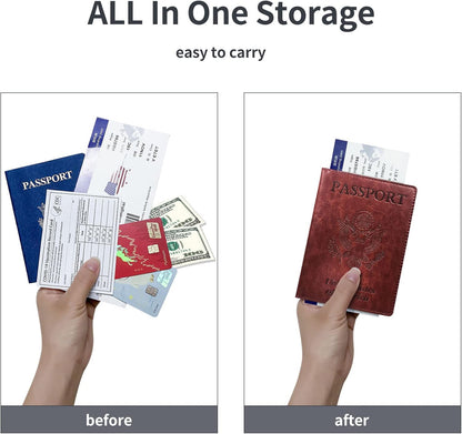 Passport Holder Cover Wallet Case RFID Blocking Leather Card Slot Travel Accessories Documents Organizer Protector for Women Men, Navy Blue