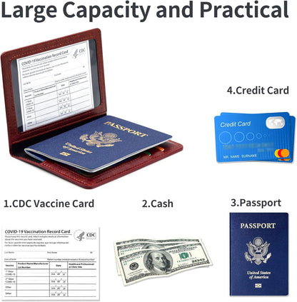 Passport Holder Cover Wallet Case RFID Blocking Leather Card Slot Travel Accessories Documents Organizer Protector for Women Men, Navy Blue