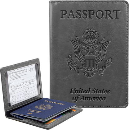 Passport Holder Cover Wallet Case RFID Blocking Leather Card Slot Travel Accessories Documents Organizer Protector for Women Men, Navy Blue