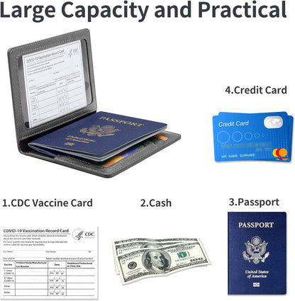 Passport Holder Cover Wallet Case RFID Blocking Leather Card Slot Travel Accessories Documents Organizer Protector for Women Men, Navy Blue