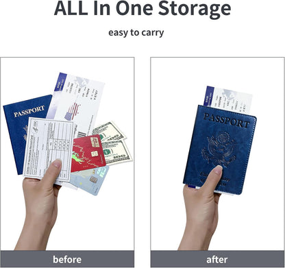 Passport Holder Cover Wallet Case RFID Blocking Leather Card Slot Travel Accessories Documents Organizer Protector for Women Men, Navy Blue