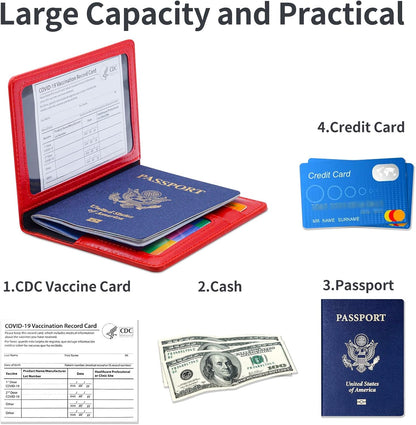 Passport Holder Cover Wallet Case RFID Blocking Leather Card Slot Travel Accessories Documents Organizer Protector for Women Men, Navy Blue