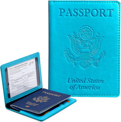 Passport Holder Cover Wallet Case RFID Blocking Leather Card Slot Travel Accessories Documents Organizer Protector for Women Men, Navy Blue