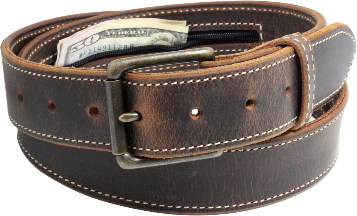 Money Belt, Hidden Zipper Pocket, Travel Security Belt, Full Gain Leather, Amish Made in USA