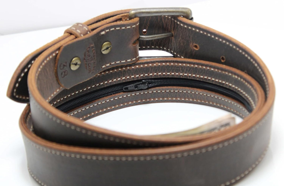 Money Belt, Hidden Zipper Pocket, Travel Security Belt, Full Gain Leather, Amish Made in USA