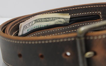 Money Belt, Hidden Zipper Pocket, Travel Security Belt, Full Gain Leather, Amish Made in USA