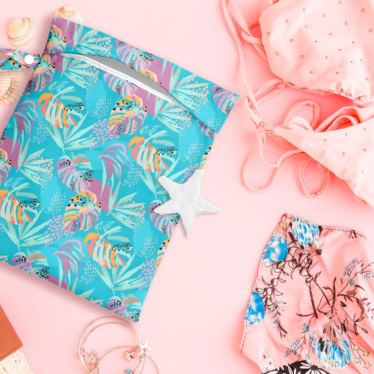 Wet Dry Bag, Wet Bag for Swimsuit, Travel, Beach, Pool, Diapers, Dirty Gym Clothes, Makeup Bag, Camping Accessories, Waterproof Reusable Jungle Tropical Leaves Cheetah Print