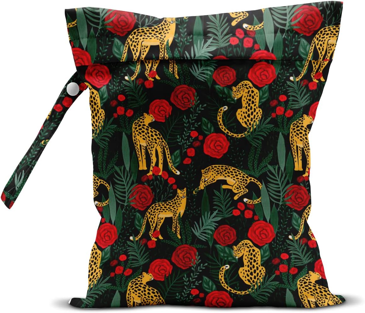 Wet Dry Bag, Wet Bag for Swimsuit, Travel, Beach, Pool, Diapers, Dirty Gym Clothes, Makeup Bag, Camping Accessories, Waterproof Reusable Jungle Tropical Leaves Cheetah Print