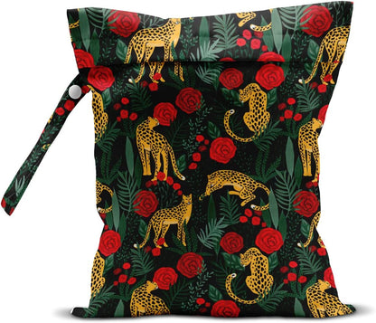 Wet Dry Bag, Wet Bag for Swimsuit, Travel, Beach, Pool, Diapers, Dirty Gym Clothes, Makeup Bag, Camping Accessories, Waterproof Reusable Jungle Tropical Leaves Cheetah Print