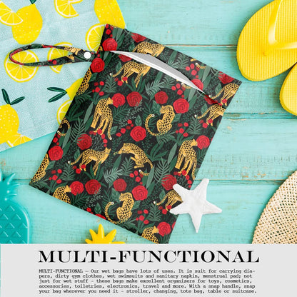 Wet Dry Bag, Wet Bag for Swimsuit, Travel, Beach, Pool, Diapers, Dirty Gym Clothes, Makeup Bag, Camping Accessories, Waterproof Reusable Jungle Tropical Leaves Cheetah Print