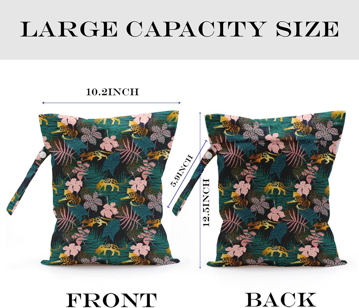 Wet Dry Bag, Wet Bag for Swimsuit, Travel, Beach, Pool, Diapers, Dirty Gym Clothes, Makeup Bag, Camping Accessories, Waterproof Reusable Jungle Tropical Leaves Cheetah Print