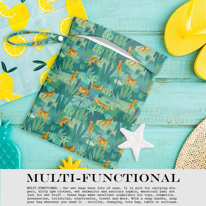 Wet Dry Bag, Wet Bag for Swimsuit, Travel, Beach, Pool, Diapers, Dirty Gym Clothes, Makeup Bag, Camping Accessories, Waterproof Reusable Jungle Tropical Leaves Cheetah Print