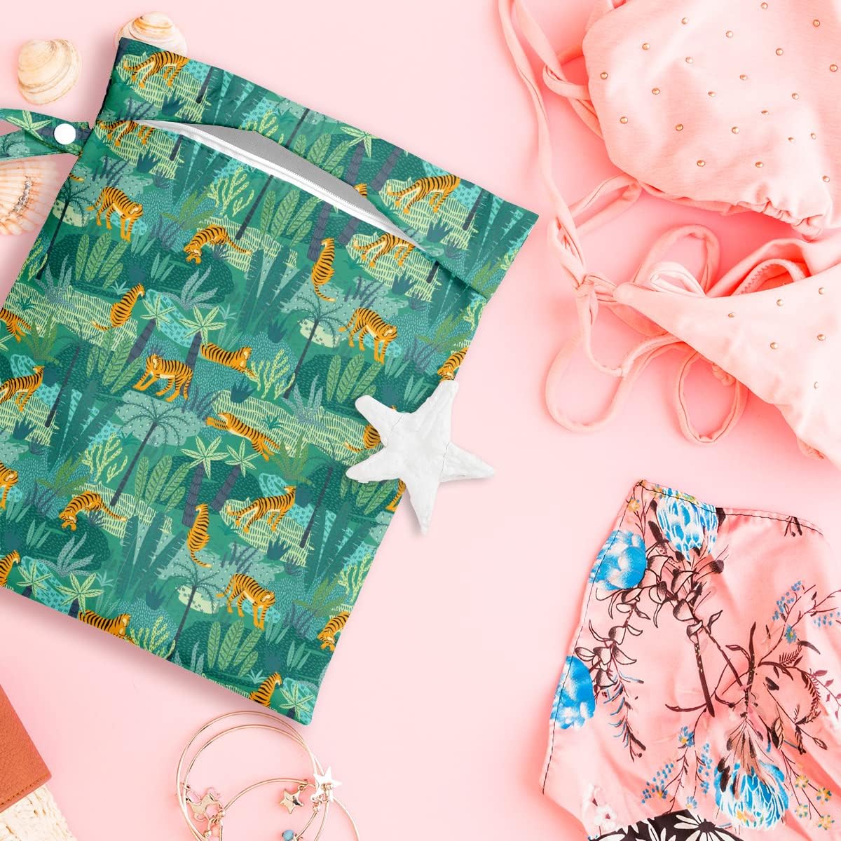 Wet Dry Bag, Wet Bag for Swimsuit, Travel, Beach, Pool, Diapers, Dirty Gym Clothes, Makeup Bag, Camping Accessories, Waterproof Reusable Jungle Tropical Leaves Cheetah Print