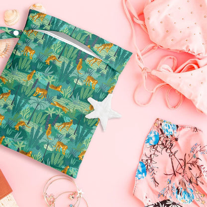 Wet Dry Bag, Wet Bag for Swimsuit, Travel, Beach, Pool, Diapers, Dirty Gym Clothes, Makeup Bag, Camping Accessories, Waterproof Reusable Jungle Tropical Leaves Cheetah Print