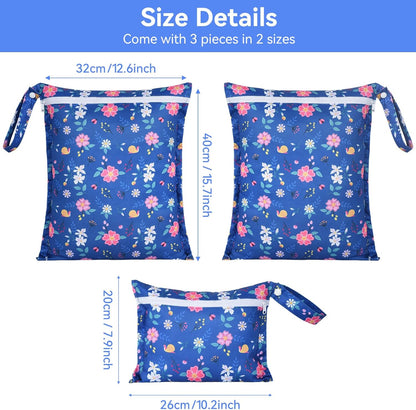 3 Piece Waterproof Wet Dry Bag Reusable Wet Bag for Swimsuits | Leakproof Travel Wet Clothes Bag with Zipper for Diaper Bag, Durable Polyester Fabric, Drying Do Not Exceed 176℉