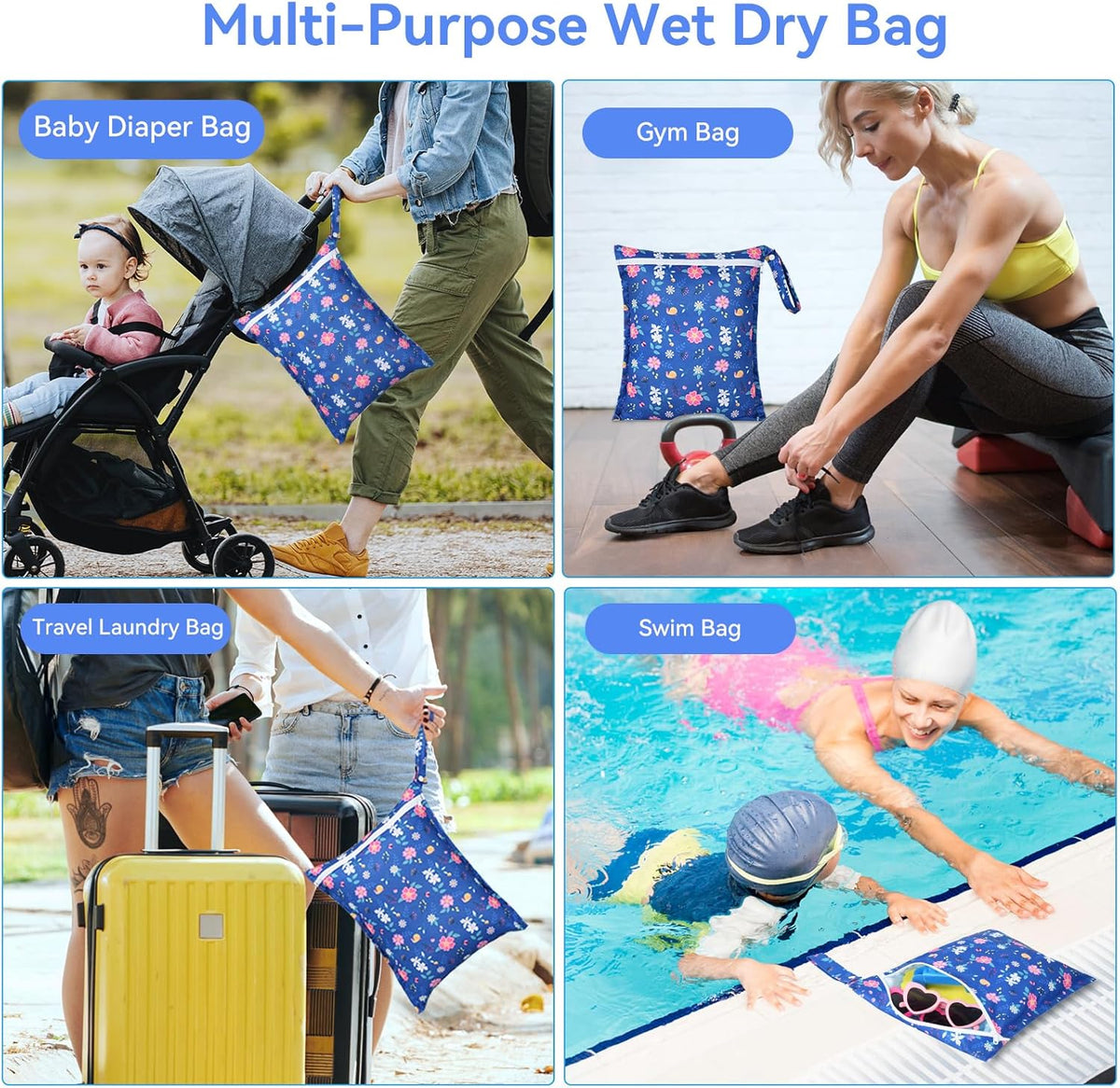 3 Piece Waterproof Wet Dry Bag Reusable Wet Bag for Swimsuits | Leakproof Travel Wet Clothes Bag with Zipper for Diaper Bag, Durable Polyester Fabric, Drying Do Not Exceed 176℉