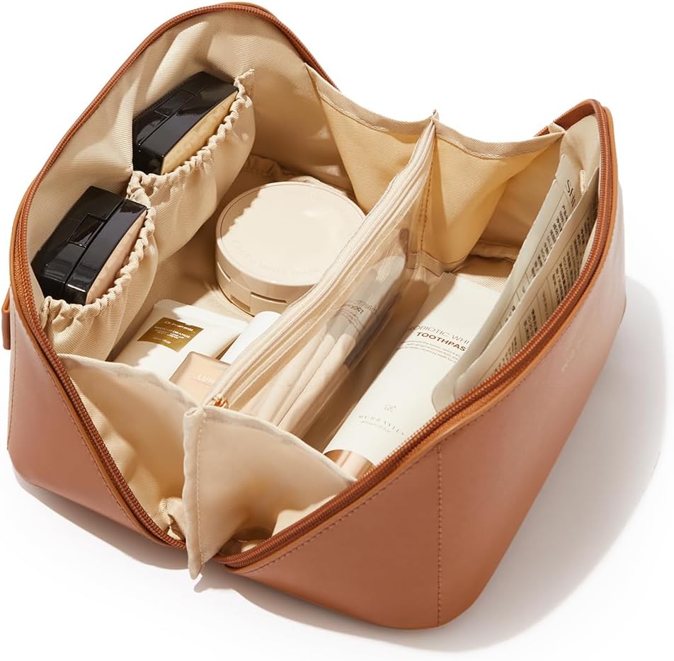 Travel Makeup Bag, Large Capacity Cosmetic Bag for Women, Waterproof PU Leather, Flat Open Portable Toiletry Bag for Skincare, Brushes & Travel Essentials - Colors A