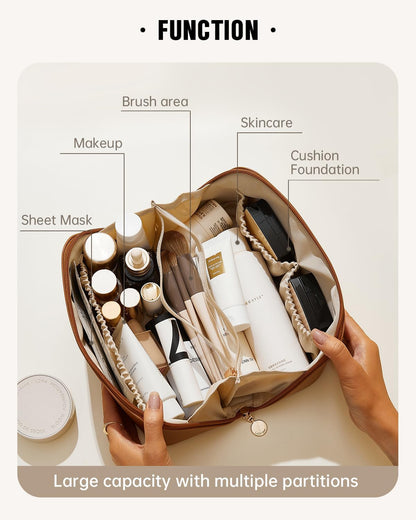 Travel Makeup Bag, Large Capacity Cosmetic Bag for Women, Waterproof PU Leather, Flat Open Portable Toiletry Bag for Skincare, Brushes & Travel Essentials - Colors A