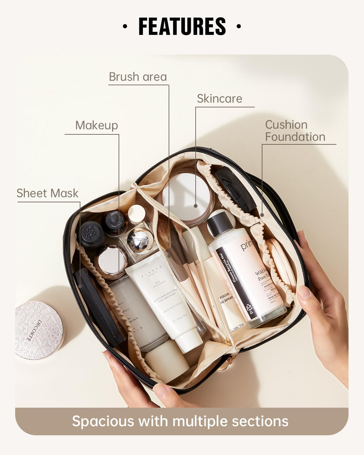 Travel Makeup Bag, Large Capacity Cosmetic Bag for Women, Waterproof PU Leather, Flat Open Portable Toiletry Bag for Skincare, Brushes & Travel Essentials - Colors A