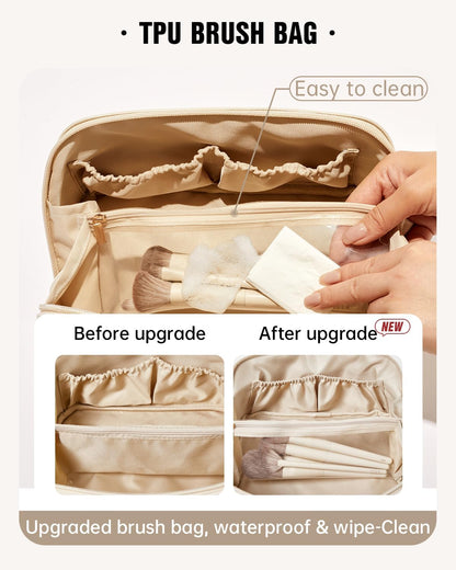Travel Makeup Bag, Large Capacity Cosmetic Bag for Women, Waterproof PU Leather, Flat Open Portable Toiletry Bag for Skincare, Brushes & Travel Essentials - Colors A