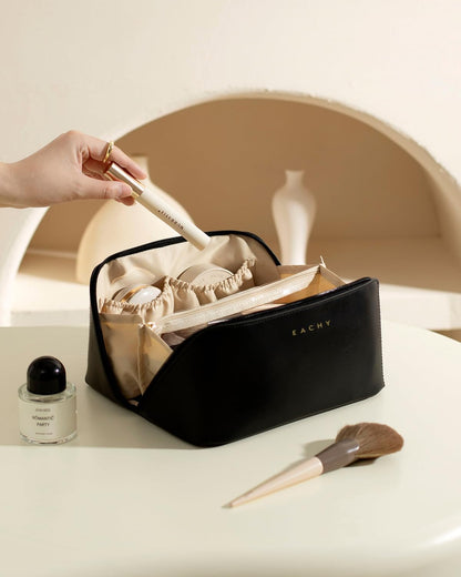 Travel Makeup Bag, Large Capacity Cosmetic Bag for Women, Waterproof PU Leather, Flat Open Portable Toiletry Bag for Skincare, Brushes & Travel Essentials - Colors A