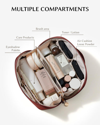 Travel Makeup Bag, Large Capacity Cosmetic Bag for Women, Waterproof PU Leather, Flat Open Portable Toiletry Bag for Skincare, Brushes & Travel Essentials - Colors A