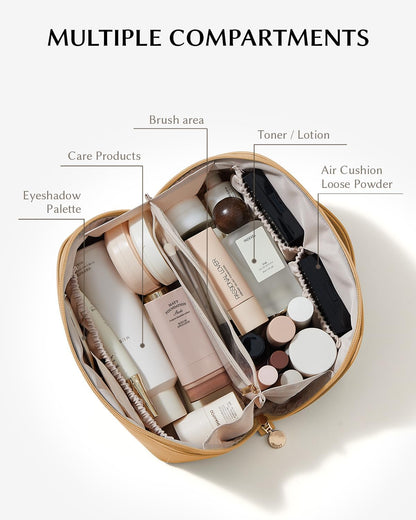 Travel Makeup Bag, Large Capacity Cosmetic Bag for Women, Waterproof PU Leather, Flat Open Portable Toiletry Bag for Skincare, Brushes & Travel Essentials - Colors A