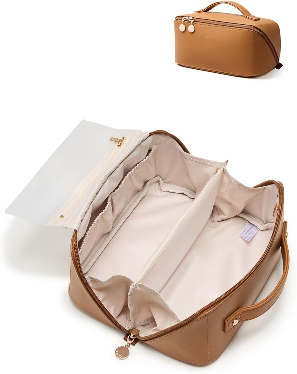 Travel Makeup Bag, Large Capacity Cosmetic Bag for Women, Waterproof PU Leather, Flat Open Portable Toiletry Bag for Skincare, Brushes & Travel Essentials - Colors A