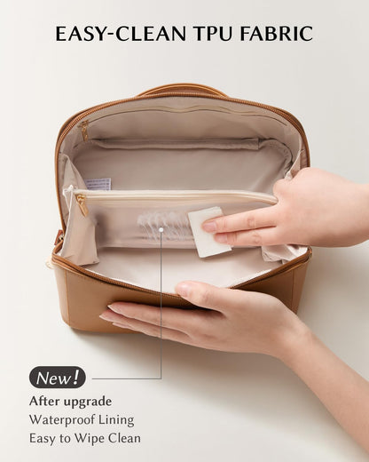 Travel Makeup Bag, Large Capacity Cosmetic Bag for Women, Waterproof PU Leather, Flat Open Portable Toiletry Bag for Skincare, Brushes & Travel Essentials - Colors A