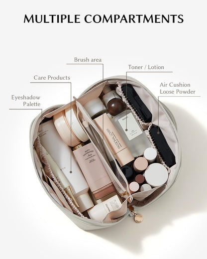 Travel Makeup Bag, Large Capacity Cosmetic Bag for Women, Waterproof PU Leather, Flat Open Portable Toiletry Bag for Skincare, Brushes & Travel Essentials - Colors A