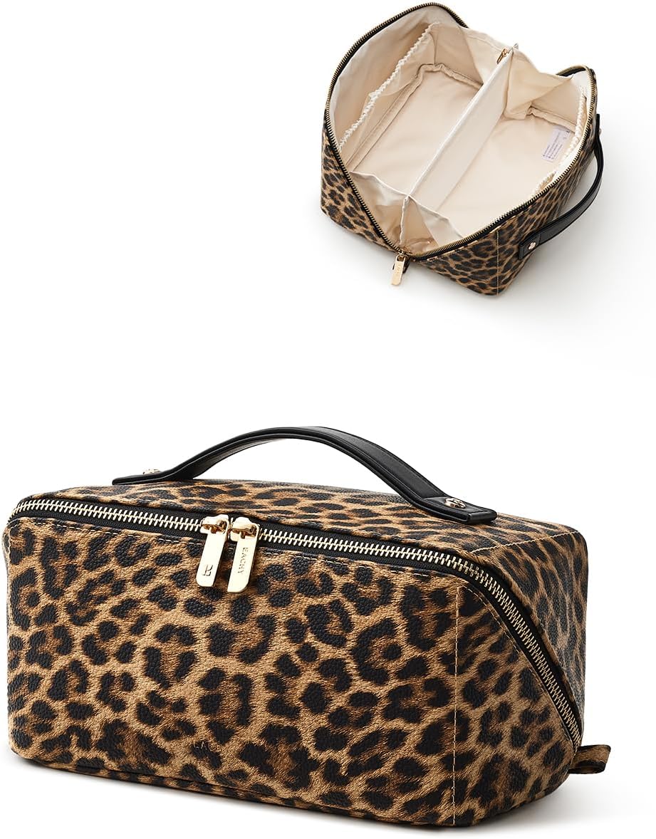 Travel Makeup Bag, Large Capacity Cosmetic Bag for Women, Waterproof PU Leather, Flat Open Portable Toiletry Bag for Skincare, Brushes & Travel Essentials - Colors A
