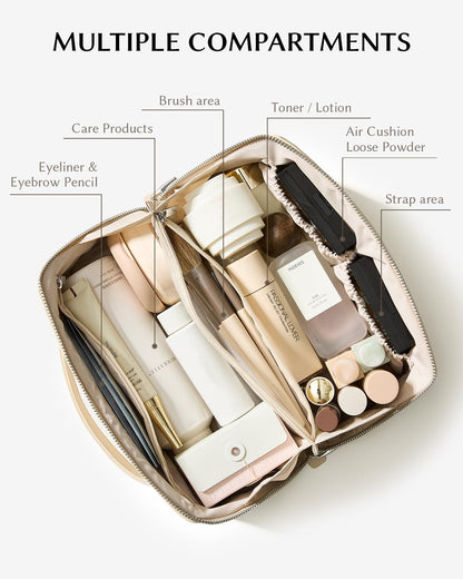 Travel Makeup Bag, Large Capacity Cosmetic Bag for Women, Waterproof PU Leather, Flat Open Portable Toiletry Bag for Skincare, Brushes & Travel Essentials - Colors A