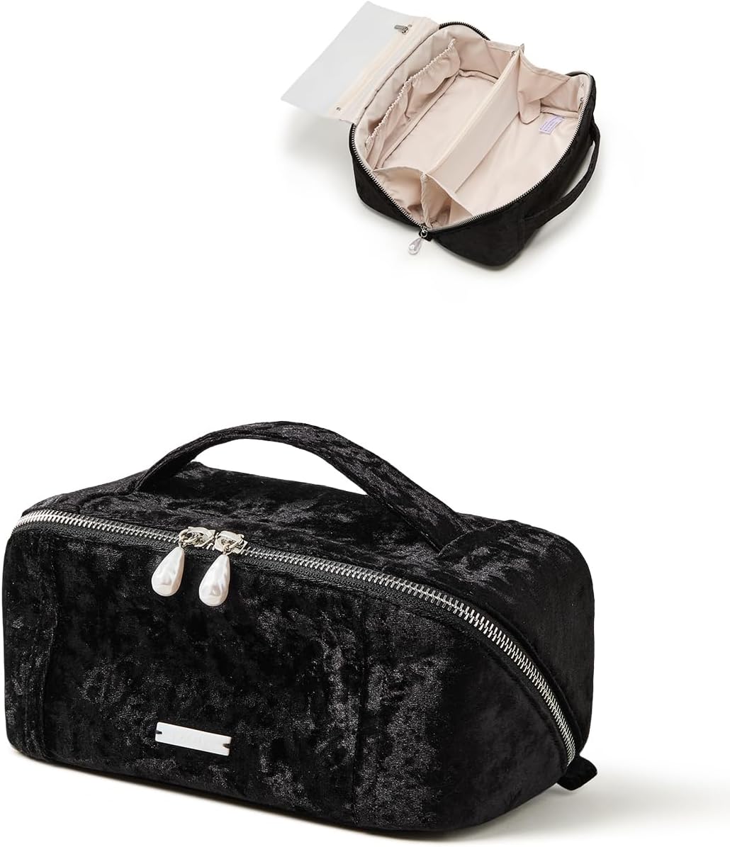 Travel Makeup Bag, Large Capacity Cosmetic Bag for Women, Waterproof PU Leather, Flat Open Portable Toiletry Bag for Skincare, Brushes & Travel Essentials - Colors A