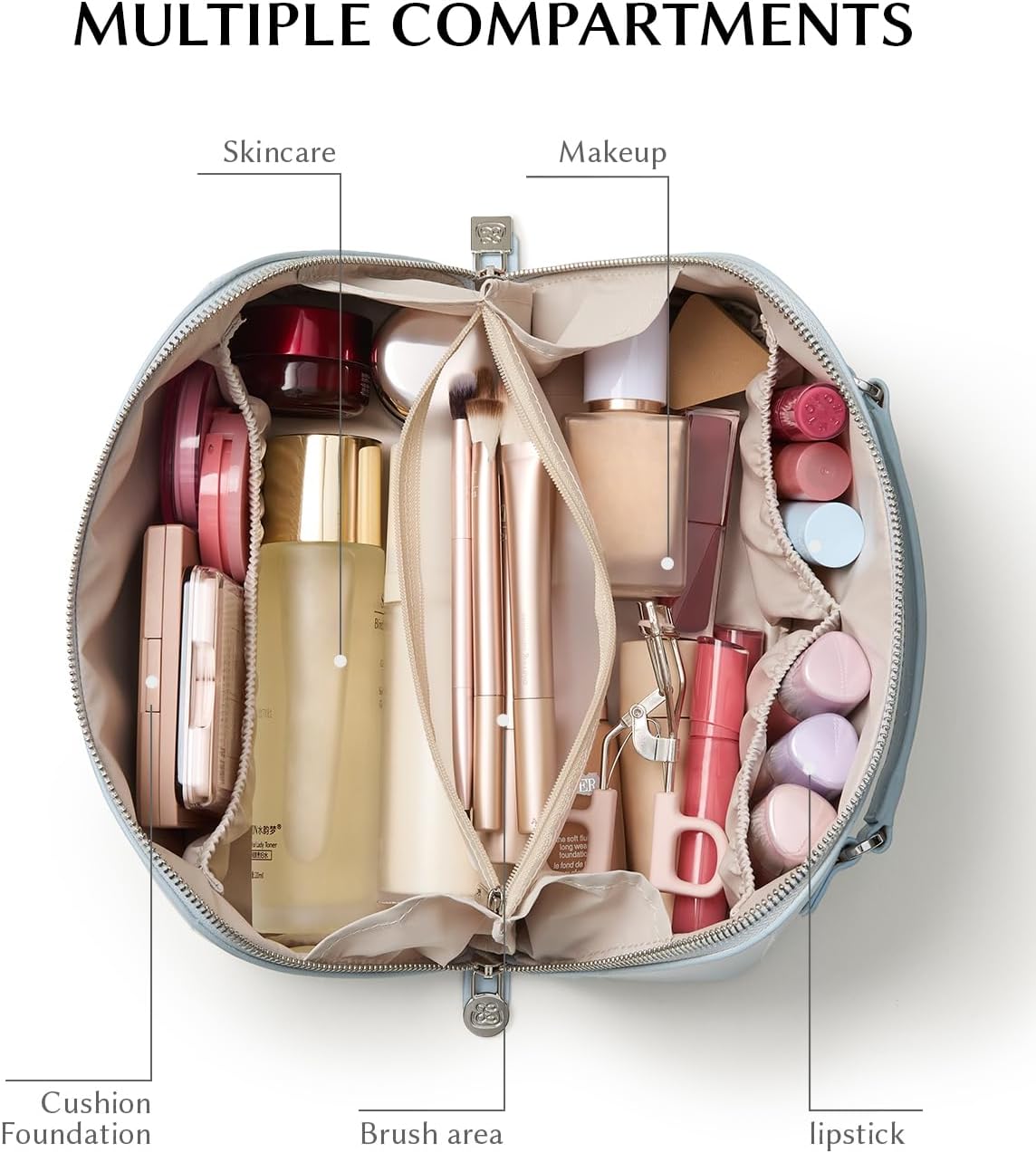 Travel Makeup Bag, Large Capacity Cosmetic Bag for Women, Waterproof PU Leather, Flat Open Portable Toiletry Bag for Skincare, Brushes & Travel Essentials - Colors A
