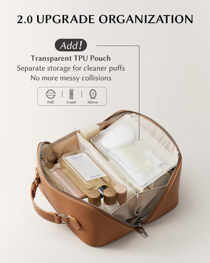Travel Makeup Bag, Large Capacity Cosmetic Bag for Women, Waterproof PU Leather, Flat Open Portable Toiletry Bag for Skincare, Brushes & Travel Essentials - Colors A