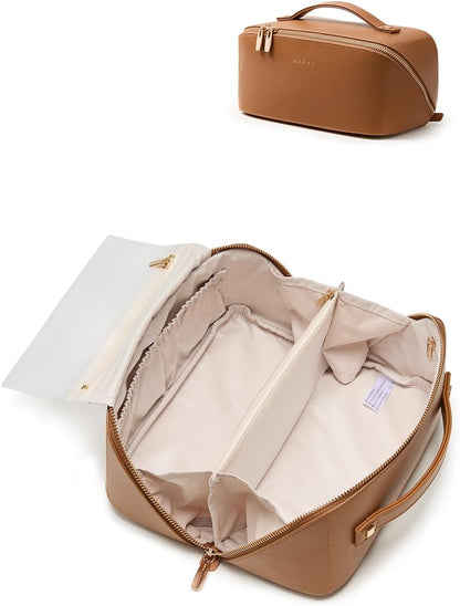 Travel Makeup Bag, Large Capacity Cosmetic Bag for Women, Waterproof PU Leather, Flat Open Portable Toiletry Bag for Skincare, Brushes & Travel Essentials - Colors A