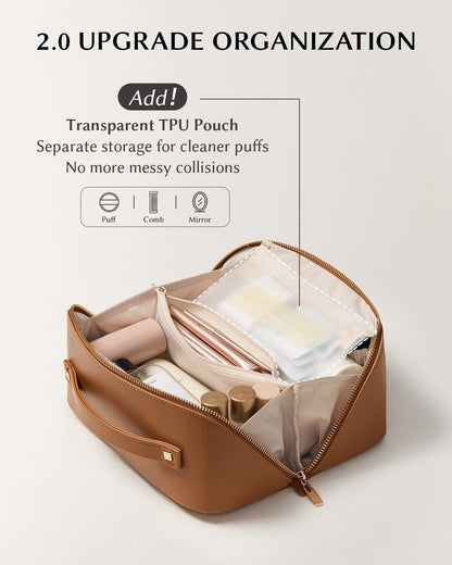 Travel Makeup Bag, Large Capacity Cosmetic Bag for Women, Waterproof PU Leather, Flat Open Portable Toiletry Bag for Skincare, Brushes & Travel Essentials - Colors A