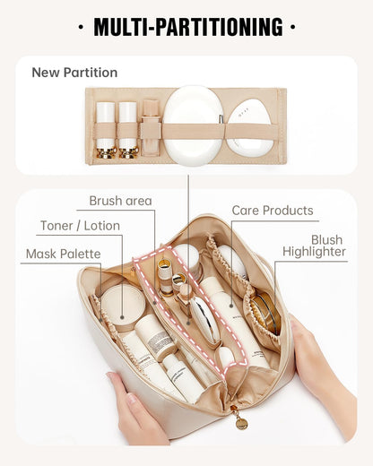 Travel Makeup Bag, Large Capacity Cosmetic Bag for Women, Waterproof PU Leather, Flat Open Portable Toiletry Bag for Skincare, Brushes & Travel Essentials - Colors A