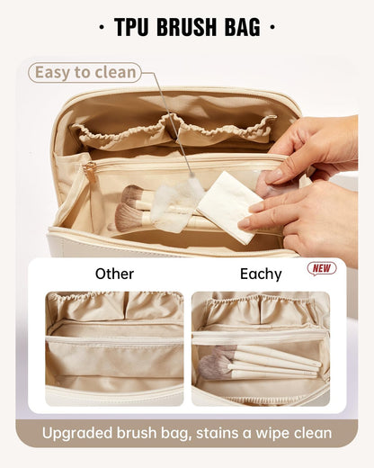 Travel Makeup Bag, Large Capacity Cosmetic Bag for Women, Waterproof PU Leather, Flat Open Portable Toiletry Bag for Skincare, Brushes & Travel Essentials - Colors A