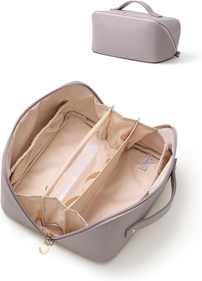Travel Makeup Bag, Large Capacity Cosmetic Bag for Women, Waterproof PU Leather, Flat Open Portable Toiletry Bag for Skincare, Brushes & Travel Essentials - Colors A
